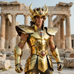 A radiant, extreme long shot, photo of a 27-year-old Caucasian male wearing the Capricorn Gold Armor, from Knights of the Zodiac Saint Seiya, inside the Old Temple of Athena Greece,4k high resolution, Detailed photo, Photoshopped, Award Winning Photo, Deep depth of field, f/22, 35mm, make all elements sharp, at golden hour, Light Academia aesthetic, Socialist realism, by Annie Leibovitz