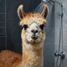a lama taking a shower in a modern bathroom, 4 k, very detailed, oil painting, direct gaze, face accuracy, dramatic lighting, dark vibrant colors