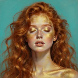 hyper realistic painting portrait of a redhead girl with flowing curls and closed eyes, her skin is painted in gold paint and turquoise background, hyper detailed face by stjepan sejic, norman rockwell, michael hussar, roberto ferri and ruan jia