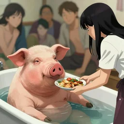 a pighead man sitting in the tub, a girl is serving food to him. | very very anime!!!, fine - face, audrey plaza, realistic shaded perfect face, fine details. anime. very strong realistic shaded lighting poster by ilya kuvshinov katsuhiro otomo ghost, magali villeneuve, artgerm, jeremy lipkin and michael garmash and rob rey