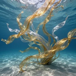 millions of thin ribbons of translucent gold and silver fabric in a vast underwater landscape are branching and twisting in a swift underwater current, blue water, sandy seafloor, caustics lighting from above, highly detailed, fantasy