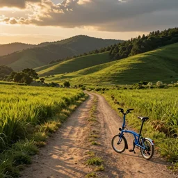 a beautiful field surrounded by green hills and forest. dirt road is going towards the sunset. a foldable blue bicycle can be seen on the right. shot during golden hour, wide angle.