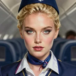 a beautiful fashion blond flight attendant, symmetrical, maximalist, art by ilya kuvshinov, rossdraws, sharp focus, art by wlop and artgerm, extreme detail, detailed drawing, hyper detailed face