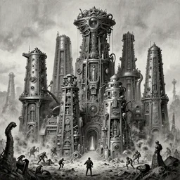 b & w inks of 4 character, tiered grimy god machines, cluster tiered heirarchy, battle chaos, mainframe hydrocracking battles, medical chromed, oppressive dystopian, by wayne d barlowe, h r giger, simon bisley, geof darrow, alex nino, boris vallejo, enric torres, hyper realism, narrative light, muted colors, epic