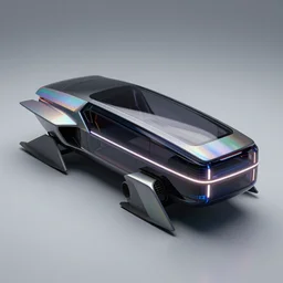 photo of an iridescent skin futuristic pod vehicle with aerodynamic fins, box - shaped dark glass and plastic, venturi tunnels, neon lights, rectangular box shape, octane render