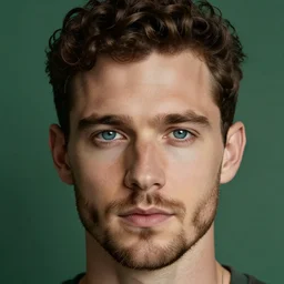 a photo of a white man. oval shaped face, blue eyes, brown stubble, dark brown short curly hair, shaved sides, green background