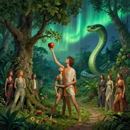 adam and eve in a majestic luxurios singaporean forest picking an apple on a tree during aurora borealis, with an evil snake in the backdrop, by ruan jia, adim kashin, martine johanna, yoann lossel, jakub rebelka, james jean, rule of thirds, sia look, intricate,