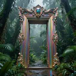 giant iridescent doorway leading to a lush jungle, raining, foggy, moody, : : by jeff koons, dan mcpharlin daniel merrian : : ornate, dynamic, particulate, rich colors, intricate, elegant, highly detailed, centered, artstation, smooth, sharp focus, octane render, 3 d