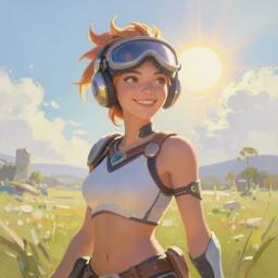 a beautiful oil painting of tracer from the game overwatch in the style of delphin enjolras, standing alone in grassy field, smiling while the sun shines down, feminine face, light rays, radiant quality, 4 k, brush strokes, beautiful eyes, peaceful atmosphere, artstation, heavenly glow, tracer overwatch, detailed face, smiling, tracer vizor,
