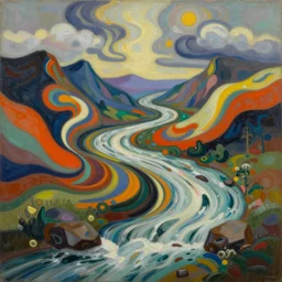 A wild modernist landscape painting. Wild energy patterns rippling in all directions. Curves, organic. Saturated color. Mountains. Clouds. Textured surface. Rushing water.