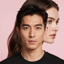 portrait of asian man with victoria's secret female white model's head, realistic, 4 k