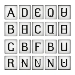 latin alphabet in square boxes, symmetrical, grayscale, sharp