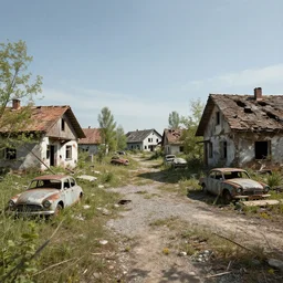 low wide angle shot of dilapidated fallout 5 europa, retro futuristic overgrown euro rural town, desolate, dilapidated houses, few rusted retro futuristic vintage parked vehicles like cars, volumetric lighting, photorealistic, daytime, spring, clear weather, sharp focus, ultra detailed, 3 5 0 0 k