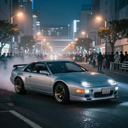 a car 300ZX turbo drift at illegal car meet, shibuya prefecture, midnight mist streetlights, cinematic color, photorealistic, highly detailed wheels, highly detailed