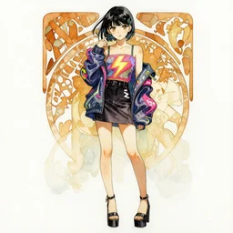 a watercolor portrait illustration by sui ishida and alphons mucha of a bishoujo as a tsundere highly detailed anime eyes wearing neon one - armed jacket and skirt with a lightning print top, romantic standard accessories, platform heels. by issey miyake and balenciaga 8 k