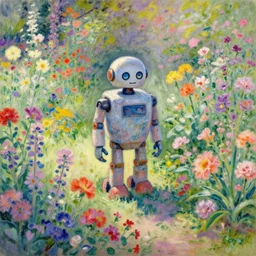 a robot standing on flower garden looking small with many kinds flower arround him, watercolor art, 1 8 8 0 s, calude monet style, colorfule, hd, uhd
