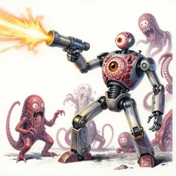An absurdly detailed gouache painted and colored-marker drawing of a robot-person with an arm-cannon firing energy-bolts at enemy meat-teeth-eye-body-horror-tentacle monster creatures. sci-fi labyrinth, action perspective concept, by Kev Walker, Carl Critchlow, by Ron Spencer, by Lovecraft Giger, cyborg by Vincent Di Fate