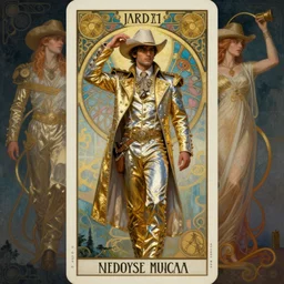 a dramatic ethereal epic symmetrical painting of a handsome! cowboy in a silvery golden outfit | tarot card, art deco, art nouveau,  (steampunk), homoerotic, realistic | by Dresden Codak, by Mark Maggiori and ((((Alphonse Mucha))) | trending on artstation