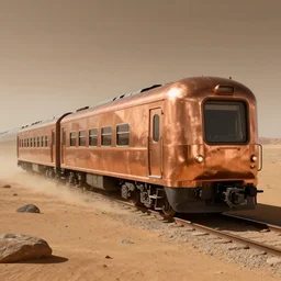 a massive copper colored windowless train traveling in a mars like wasteland.