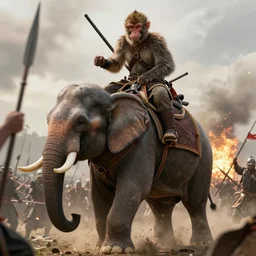 a crazed monkey riding a war elephant into battle. hyperrealistic, octane