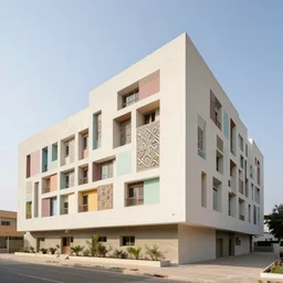 wide angle exterior shot of a beautifully detailed modernist building on a hill, contemporary african architecture designed by arieh sharon and demas nwoko, some recessed panels in pastel colors, african patterns, architectural photography, wide shot, canon eos r 3, telephoto lens, sigma 5 0 0 mm f / 5, iso 2 0 0, 1 / 1 6 0 s, 8 k, raw, unedited, in - frame