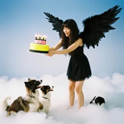 dark angel throwing a yellow - pink - black birthday cake from the clouds onto a girl with two dogs, kodak film