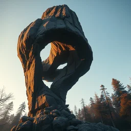 a tall rock structure in the shape of a swirling spiral vortex, background of trees, dramatic evening lighting, hyper detailed, digital art, trending on artstation, cinematic lighting, studio quality, smooth render, octane render, art style by ruan jia and greg rutkowski and peter mohrbacher and wlop and krenz cushart