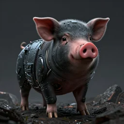 cute pig avatar, cyberpunk style, fine detail, cyborg parts, in peril, black, drawn by leonardo da vinci