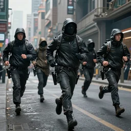a hyperrealistic matte painting of a group of rebellious hackers, clothed in techwear, running through the streets of a dystopian city, matte painting, intricate detail, polished, concept art, trending on artstation