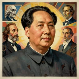 figurative avant garde postmodern monumental dynamic portrait of chairman mao by magritte and hogarth, inspired by william blake and gaugin, illusion surreal art, highly conceptual figurative art, intricate detailed illustration, controversial poster art, polish poster art, geometrical drawings