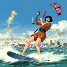a woman wearing a brown dress suit and a pigeon mask surfing on a kite the air in Tokyo, anime film still from the an anime directed by Katsuhiro Otomo with art direction by Salvador Dalí, wide lens