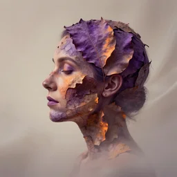 portrait sideview woman face made of dry leaves, violet and orange light, foggy milk silk background, elder ring