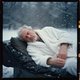 kodak portra 4 0 0, wetplate, dynamic, motion blur, award - winning portrait by britt marling of a sleepwalking helpless old man in bathrobe during a blizzard, snowflakes,