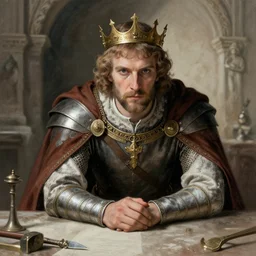 highly detailed contemporary arthurian illustration, well shaded, portrait of king arthur leaning over a table