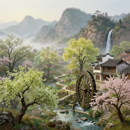 a gorgeous landscape painting by barlowe wayne maxfield parrish and marco mazzoni. early spring morning. close - up shot on hyper detailed trees has just sprouted. tyndall effec!! light effect. chinese village. china waterwheel. the winding steps, waterfall from the mountain. ultra clear detailed. highly detailed, 3 d, octane render.