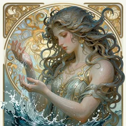 a god of water, with hands and hair turning into water, fantasy, intricate, elegant, highly detailed, digital painting, artstation, concept art, wallpaper, smooth, sharp focus, illustration, art by artgerm and greg rutkowski and alphonse mucha