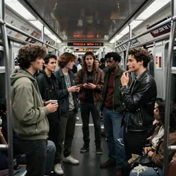 A group of friends talking while standing inside a crowded compartment of the New York metro on Halloween, cinematic, 4k, thriller