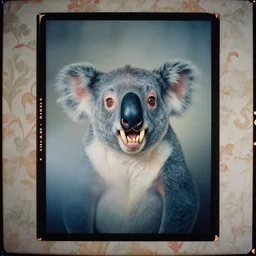 kodak portra 4 0 0, wetplate, flashlight, 8 5 mm carl zeiss, blueberry, award - winning colour portrait by britt marling : a 1 9 6 0 s crazy koala vampire with long and sharp fangs, quadratic quadratic picture frames, haze, wallpaper, fog, no people