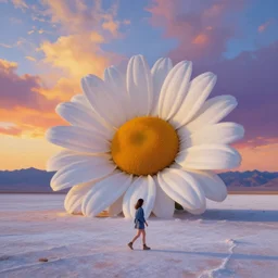 giant daisy flower head, girl walking on salt flats mountains, surreal photography, sunrise, dramatic light, impressionist painting, colorful clouds, digital painting, artstation, simon stalenhag