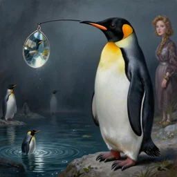 a photorealistic highly detailed painting of a vintage 1 9 5 0's penguin fishing for mirrors by johfra bosschart, lisa frank, kinkade, visionary art, dark fantasy art, high detail, trending on artstation