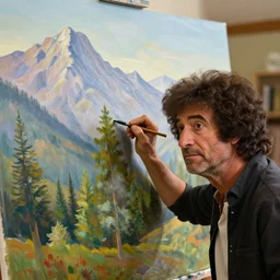 a closeup photorealistic photograph of bob ross placing the finishing touches on a canvas painting of kenny powers. mountains and trees. film still. brightly lit scene. this 4 k hd image is trending on artstation, featured on behance, well - rendered, extra crisp, features intricate detail, epic composition and the style of unreal engine.