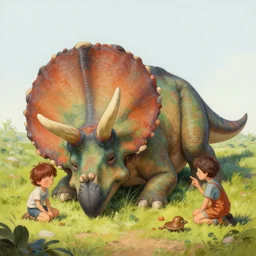 beautiful, very detailed painting of kids playing around a sleeping triceratops, by james gurney, in the style of dinotopia, high quality, 4 k