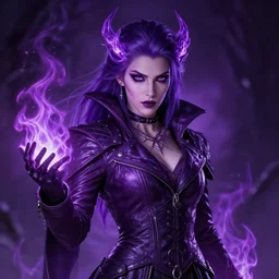 portrait of a mix between necromancer and pyromancer, female, shiny purple fire and decadence, leather coat, high fantasy, dnd, face details, extremely detailed, smooth, sharp focus, digital illustration, by artgem, rossdraws, sakimichan