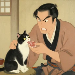 angry japanese man giving cat a slice of meat, vintage, painting by utamaro
