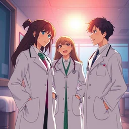 a poster of three doctors wearing white coat, elegant, cheering up, sunrise lighting, hospital ward, slice of life anime, cinematic, realistic, anime scenery by makoto shinkai