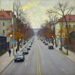 an edward hopper style painting of a busy road of ( ( ( ( ( ( ( ( gyor ) ) ) ) ) ) ) ) in hungary, late - autumn, november of 1 9 4 8