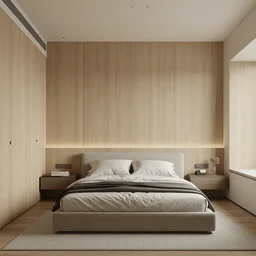 modern bedroom, walls made of light wood, neutral furniture, minimalistic interior design, realistic, octane render, vray render, 8 k