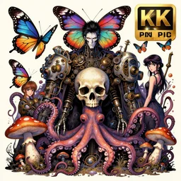 artwork by hp lovecraft, h. r. giger, aaron horkey, amanda sage and akira toriyama. butterflies, vibrant, skull, tentacle, octopus, mushroom, fungi, bio - mechanical, steampunk, horror, design. artstation, trending, uhd, 4 k, detailed, award - winning.