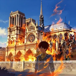 fire engulphs the Notre Dame de Paris, abstract art by Makoto Shinkai