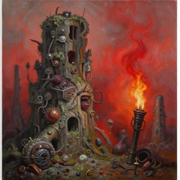 fine art oil painting varied muck jeweled, filthy, lichen intelligence, brutalist structures, claustrophobic cilia sporing pox, final battle failure, red mustard gas fog, by 1 9 6 9 walt peregoy high resolution, hyper detailed, cinematic, ornate masterpiece, torch light shot by artstation winner, macro lens, 8 k resolution